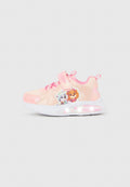 Rosa Kindersneaker mit einem Klettverschluss, auf der Seite mit bunten Figurenmotiven und einer weißen Sohle mit Leuchtelementen.