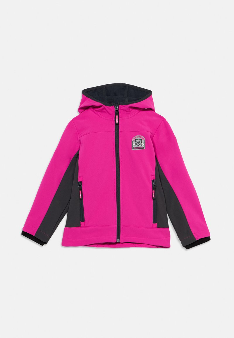 Pink-schwarze Jacke mit Reißverschluss und Kapuze, mit zwei seitlichen Reißverschlusstaschen und einem Logo-Patch auf der oberen linken Seite.