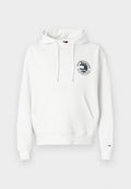 Weiße Kapuzenjacke aus Baumwollmischung, mit einer Vorderentasche, Kordelzügen und einem runden Grafiklogo auf der Brust. Gerippte Bündchen.