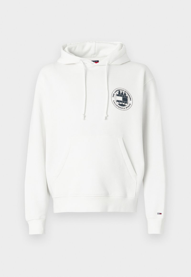 Weiße Kapuzenjacke aus Baumwollmischung, mit einer Vorderentasche, Kordelzügen und einem runden Grafiklogo auf der Brust. Gerippte Bündchen.