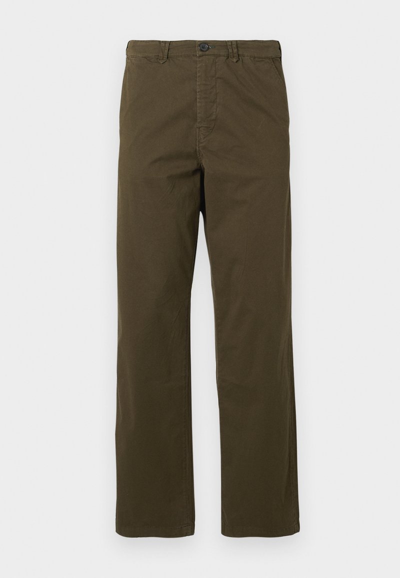Herren gerade geschnittene braune Baumwollhosen mit Gürtelschlaufen, vorderem Knopf und Reißverschluss vor einem hellen Hintergrund.
