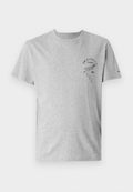 Graues Baumwoll-T-Shirt mit Rundhalsausschnitt, kurzen Ärmeln und bedrucktem Text sowie Grafiken auf der Vorderseite. Besitzt einen strukturierten Stoff.