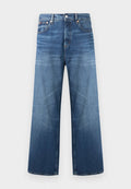 Blaue, weite Jeans mit Frontknopf- und Reißverschluss, fünf Taschen und dezenten, verblassten Details an den Oberschenkeln.