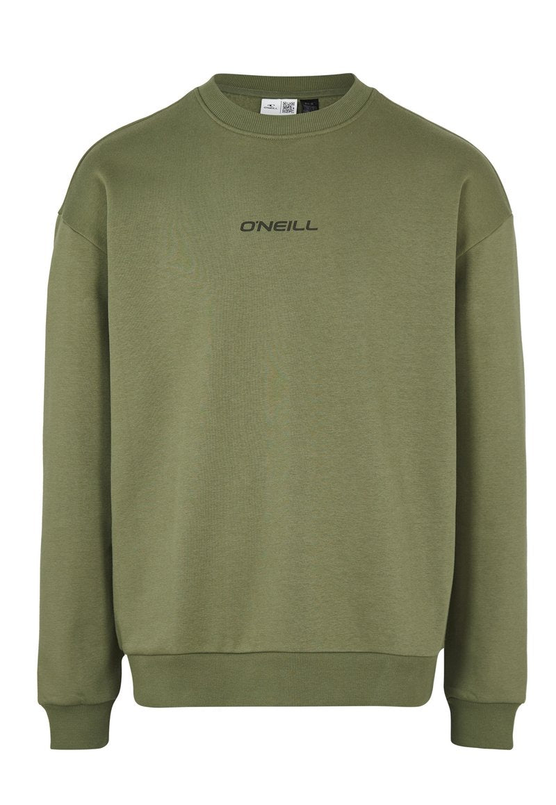 Grüner Rundhalsausschnitt-Pullover aus weichem Stoff; mit einem gerippten Saum und Bündchen; schwarzes "O'Neill"-Logo auf der Vorderseite gedruckt.