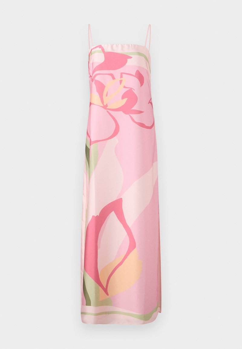 Ärmelloses pinkes Kleid mit floralem Muster in Schattierungen von Pink, Gelb und Grün. Hergestellt aus glattem Stoff mit gerader Silhouette.