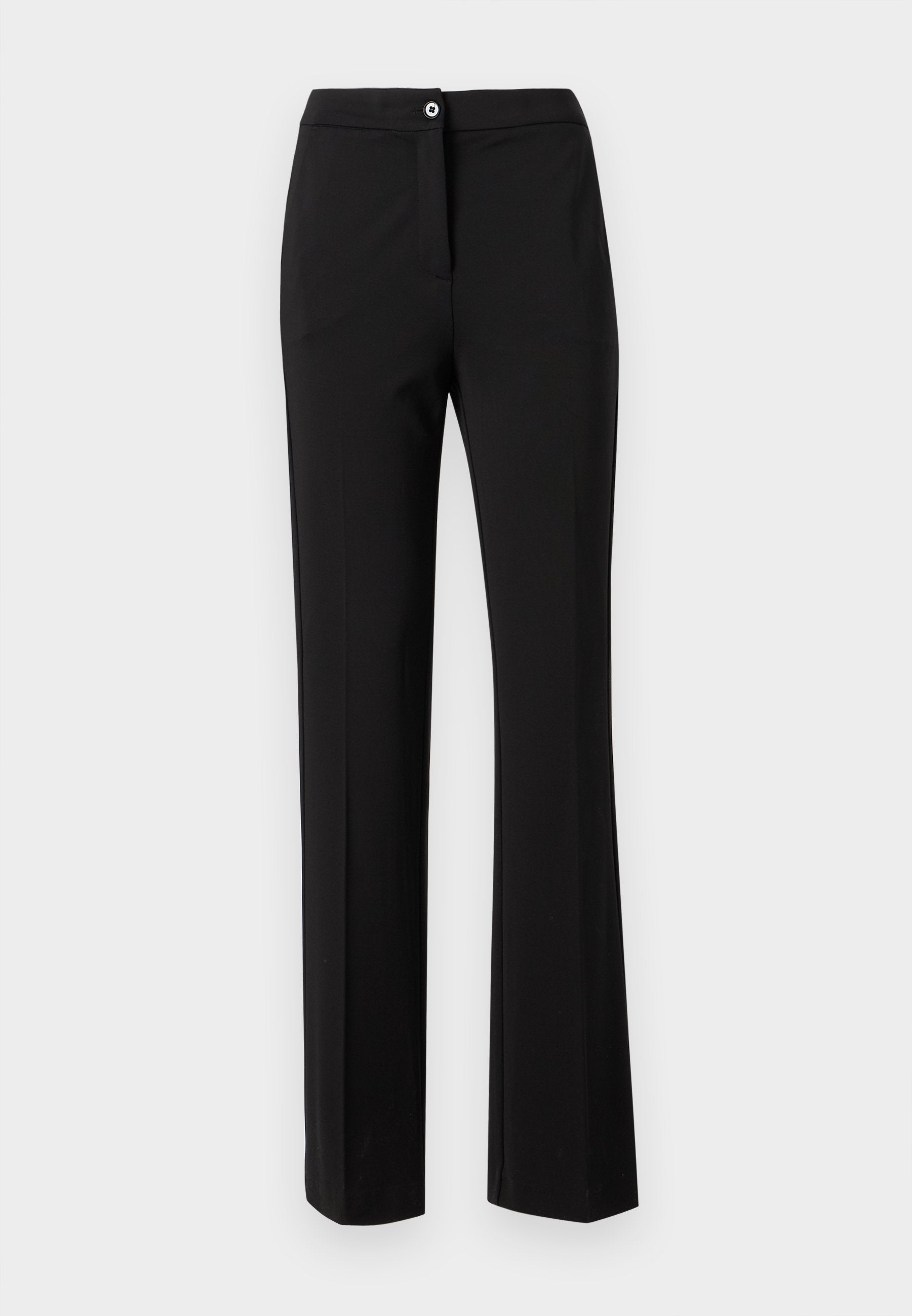 Schwarze Hose aus einem glatten Stoff, mit einem geraden Schnitt, verdecktem Verschluss und einem einzigen Knopfdetails am Bund.