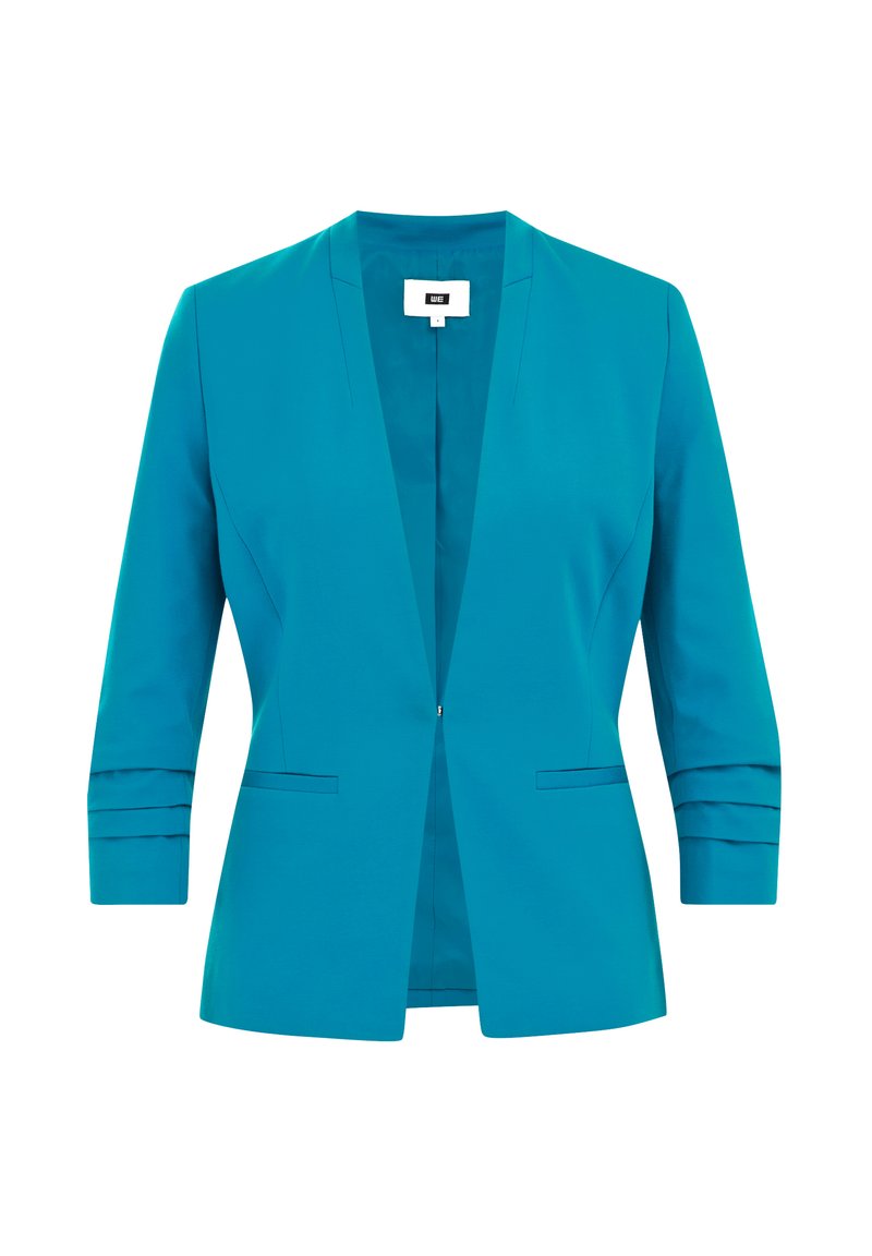 Türkiser Blazer mit Reverskragen, Dreiviertelärmeln und Seitentaschen. Hergestellt aus glattem Stoff mit einem klaren, taillierten Schnitt.
