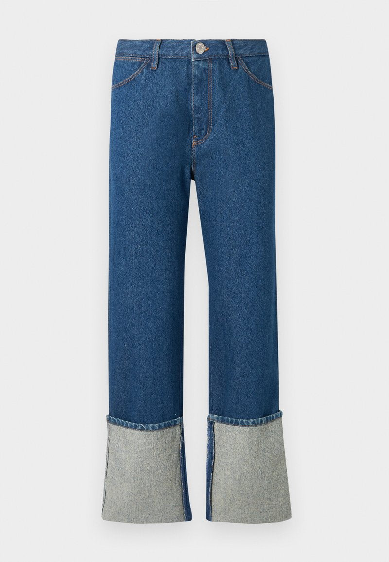 Dunkelblaue Denim-Jeans mit breiten, hellblauen Säumen. Besitzt einen frontalen Knopfverschluss, gesteppte Akzente und vier Taschen. Klassisches gerade geschnittenes Design.