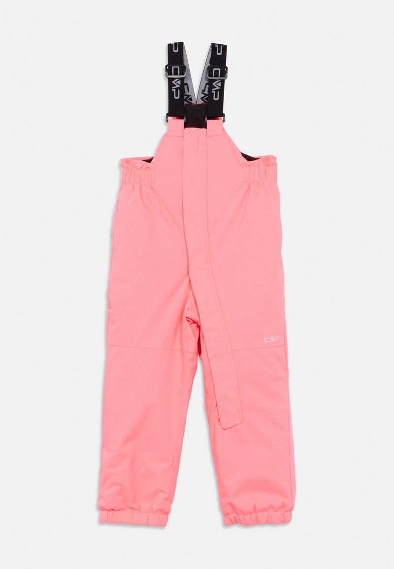 Pinkfarbene wasserdichte Schneehose mit verstellbaren schwarzen Trägern, elastischem Bund und gesammelten Bündchen. Mit Logodetail am Bein.