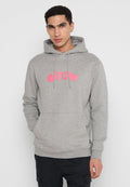 Grauer Hoodie mit einer vorderen Kängurutasche, verstellbarem Kapuzenzug und auffälligem pinkem "elrow"-Logo. Weicher, strukturierter Stoff mit gerippten Bündchen und Saum.