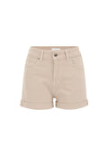 Beige Baumwollshorts mit umgeschlagenen Säumen, Vorderknopfverschluss, zwei Taschen und glatter Textur. Einfaches Design, geeignet für die Freizeit.