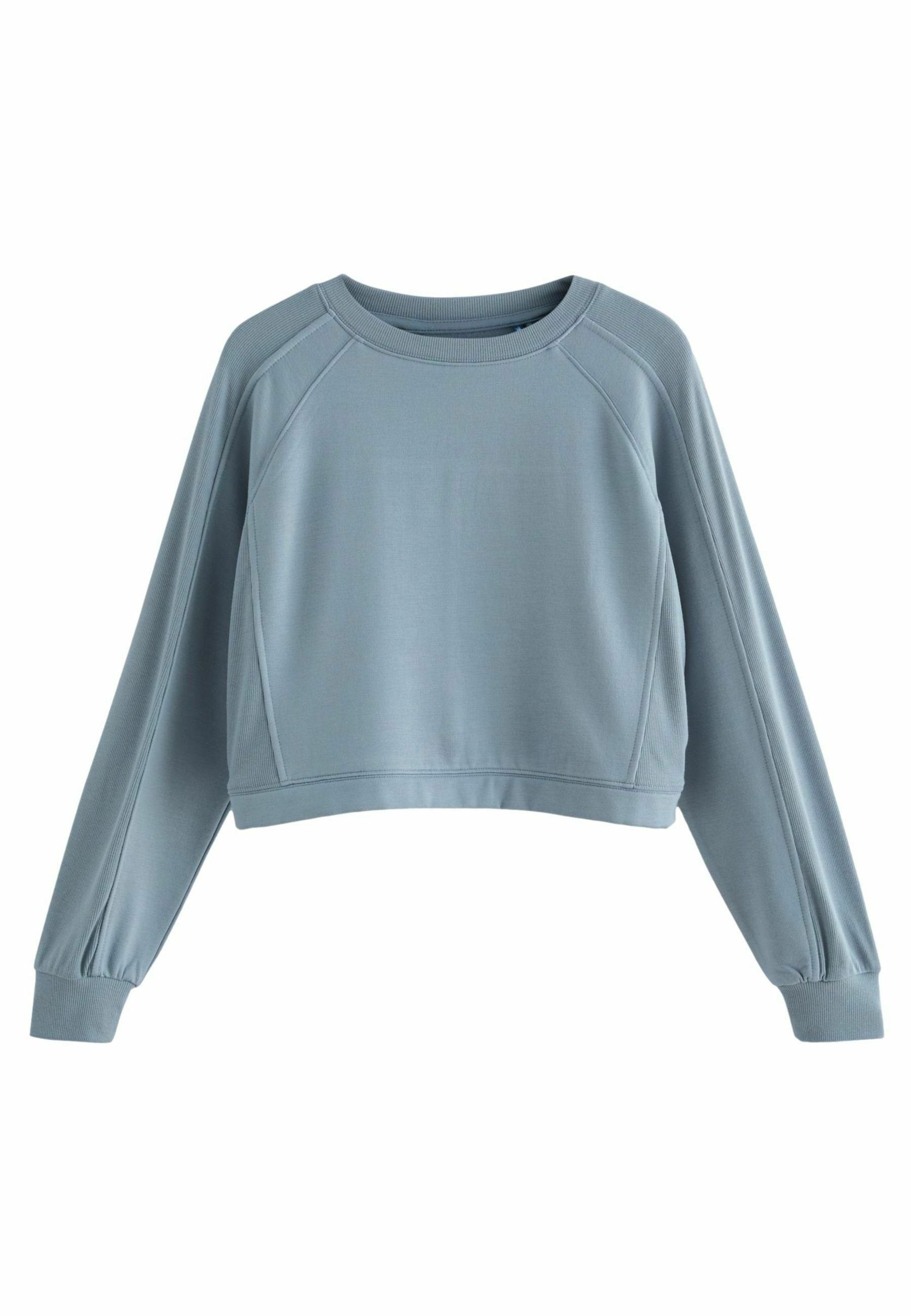 Helles blaues, kurz geschnittenes Sweatshirt mit langen Raglanärmeln und gerippten Bündchen, entworfen für Freizeitbekleidung.