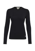 Schwarzes langärmliges, eng anliegendes Crewneck-Shirt mit sichtbaren Nähten und einem kleinen quadratischen Logo nahe dem unteren Saum auf weißem Hintergrund.