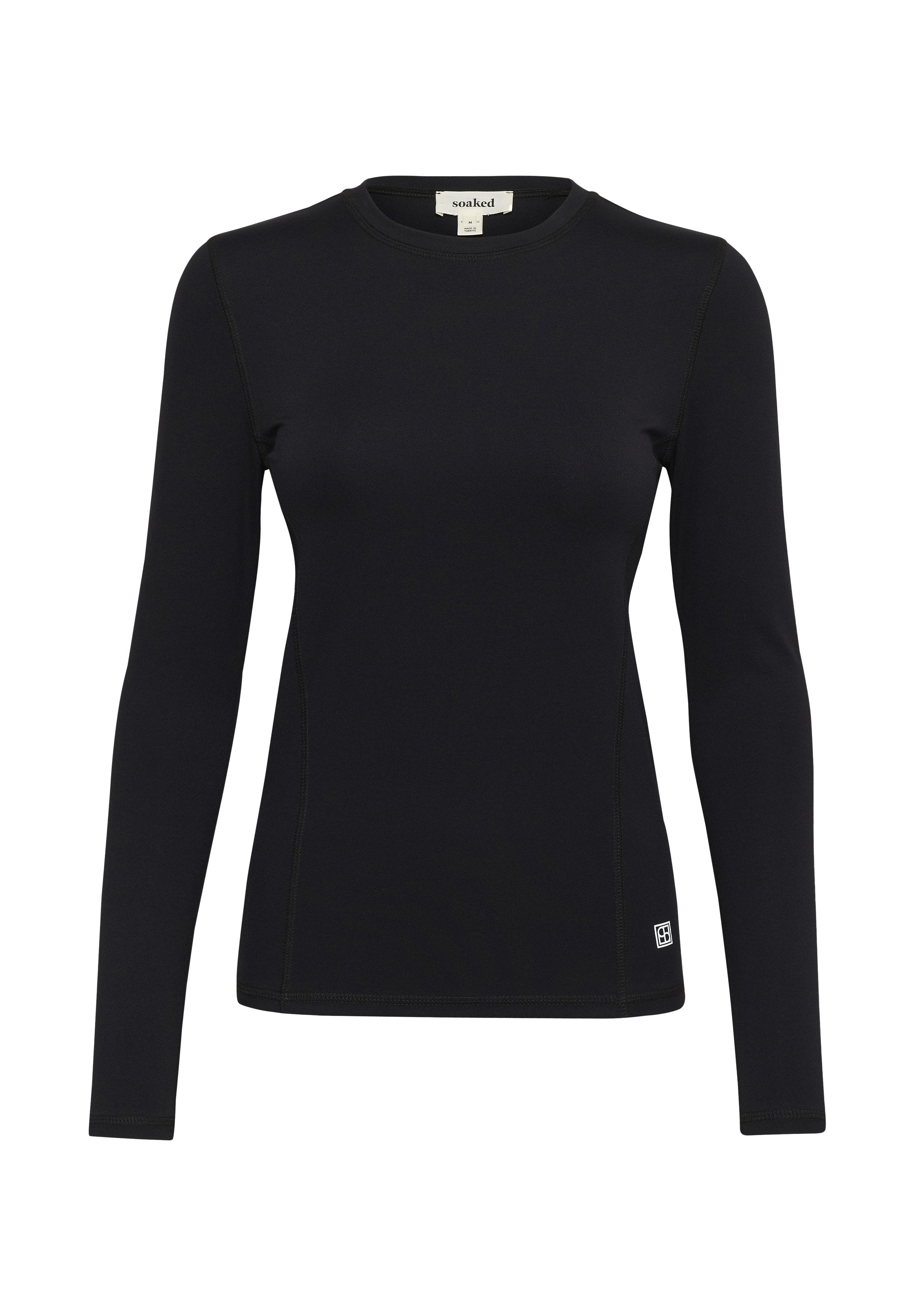 Schwarzes langärmliges, eng anliegendes Crewneck-Shirt mit sichtbaren Nähten und einem kleinen quadratischen Logo nahe dem unteren Saum auf weißem Hintergrund.