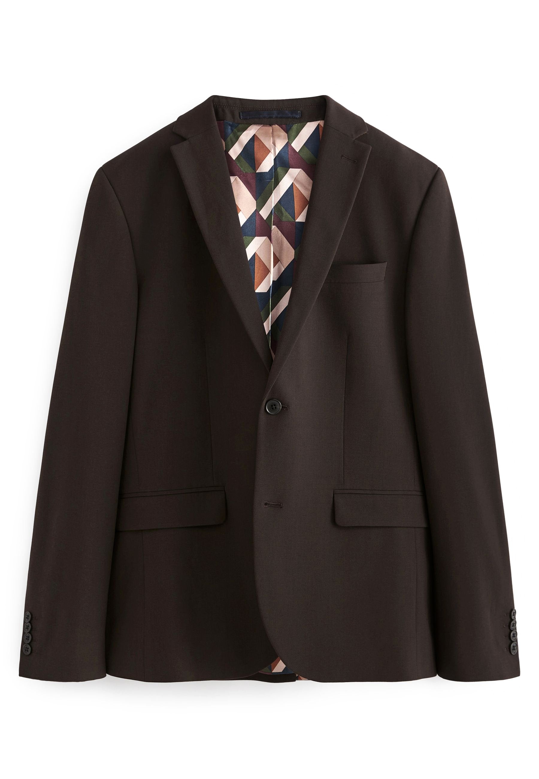 Brauner maßgeschneiderter Blazer mit Revers, zwei Vordertaschen und einem gemusterten Satinfutter, das geometrische Formen in mehreren Farben zeigt.