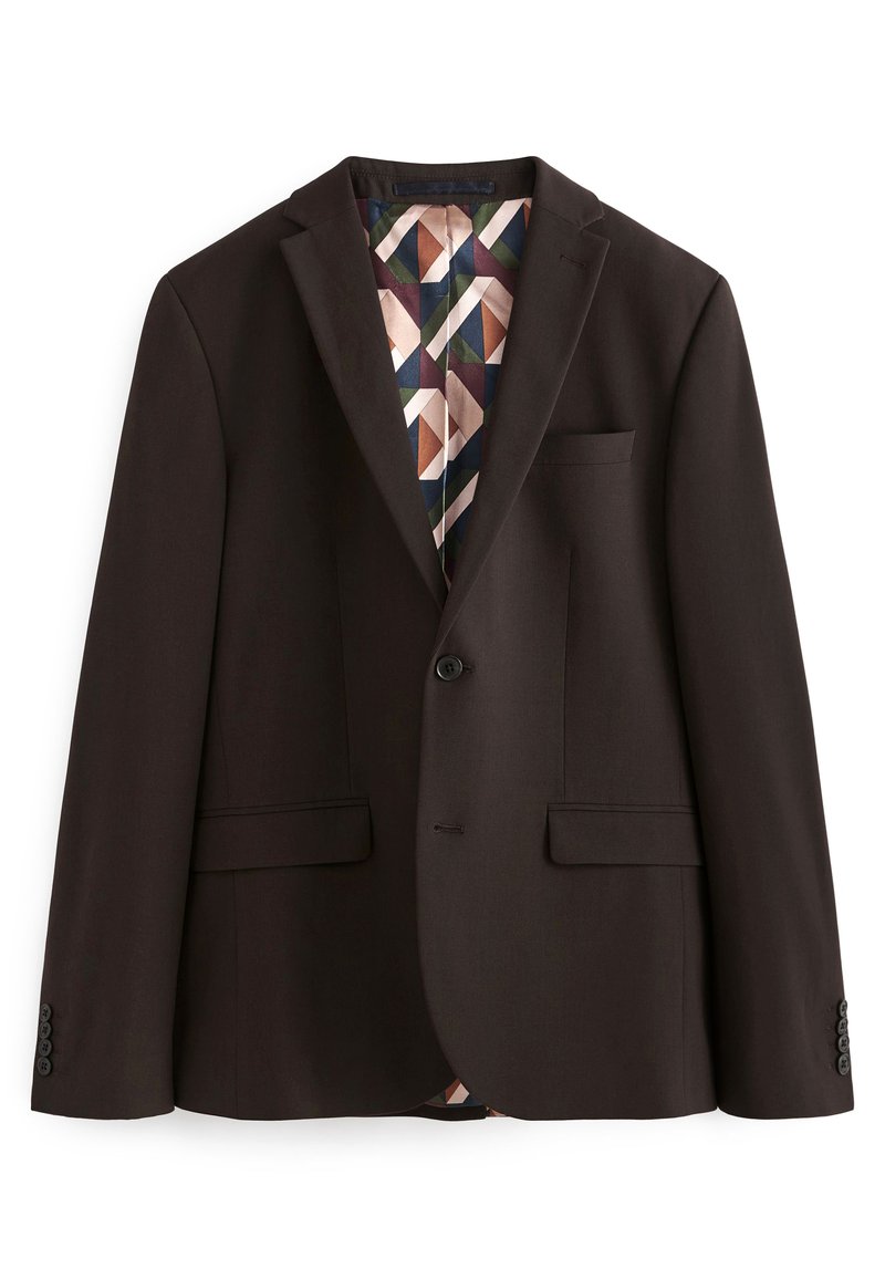 Brauner maßgeschneiderter Blazer mit Revers, zwei Vordertaschen und einem gemusterten Satinfutter, das geometrische Formen in mehreren Farben zeigt.