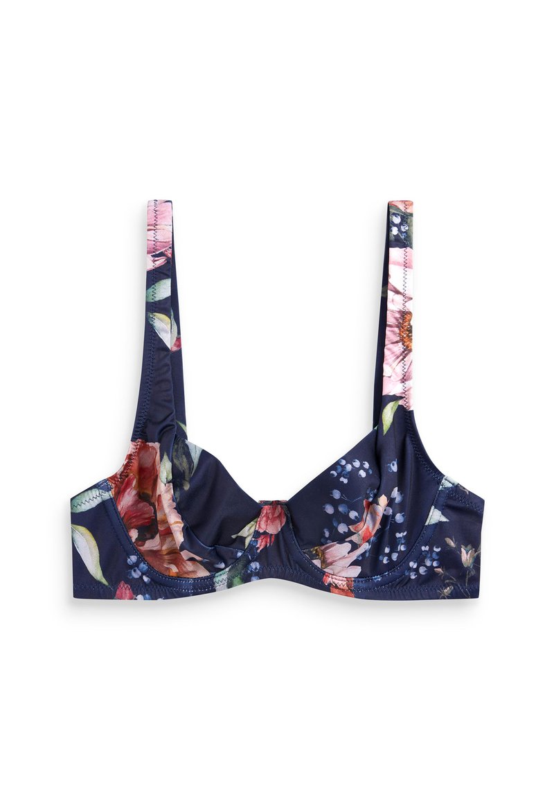 Dunkelblauer Unterbrust-Bikini-Oberteil mit breiten Trägern, das mit einem bunten Blumenmuster in Rosa-, Rot- und Grüntönen verziert ist.