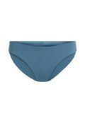 Blaue Bikini-Brief mit glatter Textur, mittelhoher Taille und leicht konturiertem Vorderteil. Verfügt über einen klassischen Schnitt und keine Verzierungen.