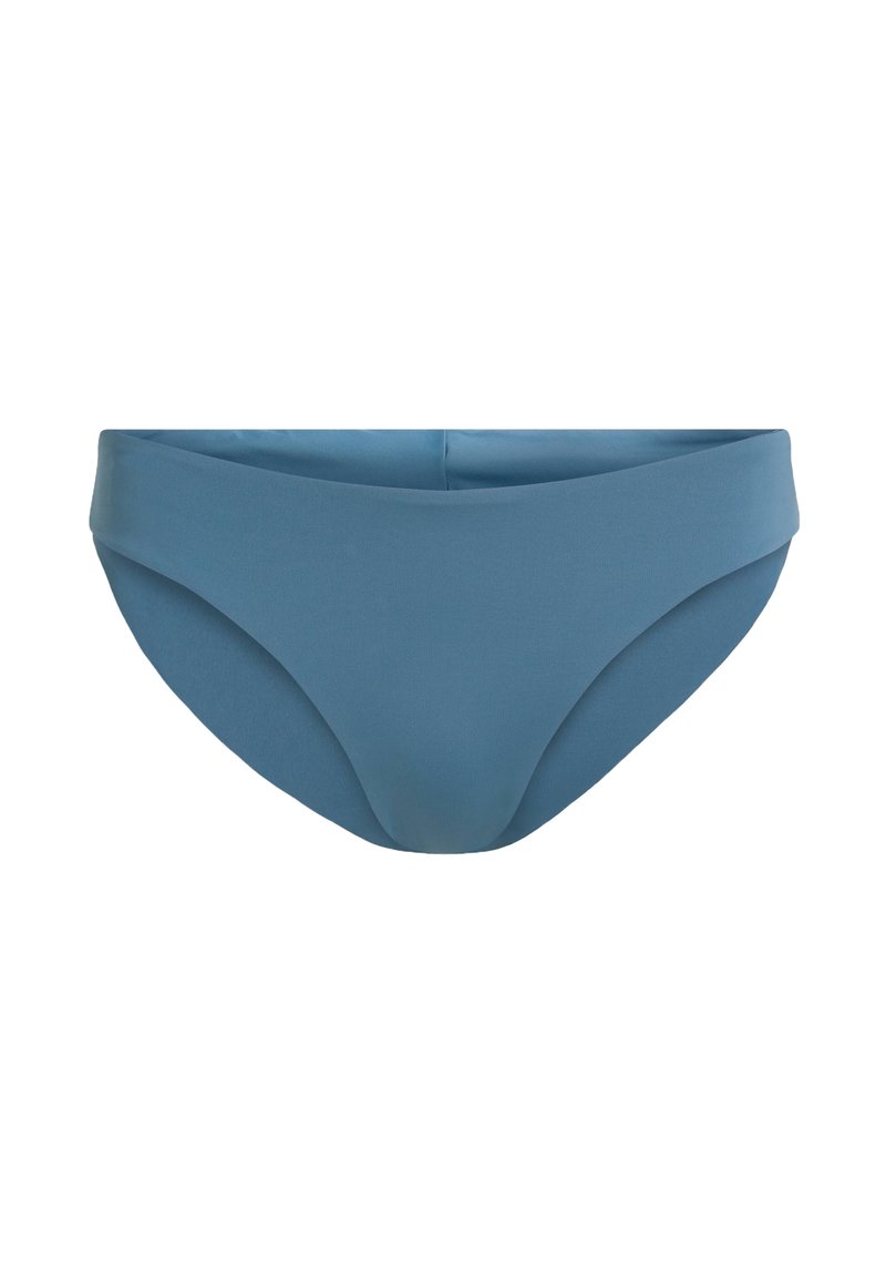 Blaue Bikini-Brief mit glatter Textur, mittelhoher Taille und leicht konturiertem Vorderteil. Verfügt über einen klassischen Schnitt und keine Verzierungen.