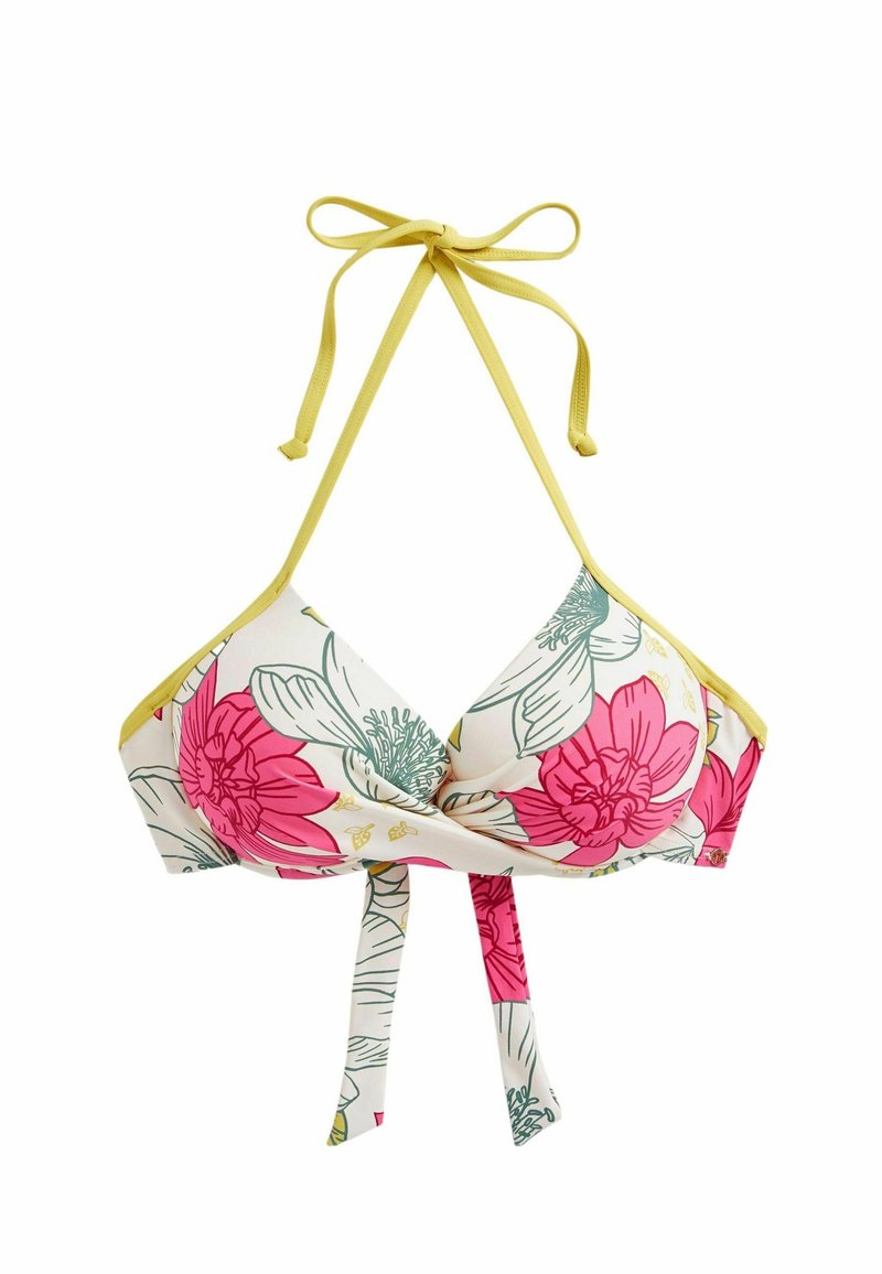 Blumiges Bikini-Oberteil mit pinken und grünen Blumenmustern auf einem cremefarbenen Hintergrund. Gelbe Bindebänder am Hals und Rücken, weicher Stoff, dreieckige Form.