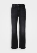 Schwarze Jeans aus Denim mit geradem Bein. Merkmale sind eine hohe Taille, fünf Taschen und ein Metallknopfverschluss. Dezenter verblasster Effekt.