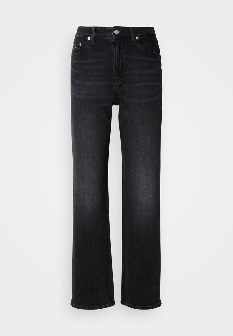 Schwarze Jeans aus Denim mit geradem Bein. Merkmale sind eine hohe Taille, fünf Taschen und ein Metallknopfverschluss. Dezenter verblasster Effekt.