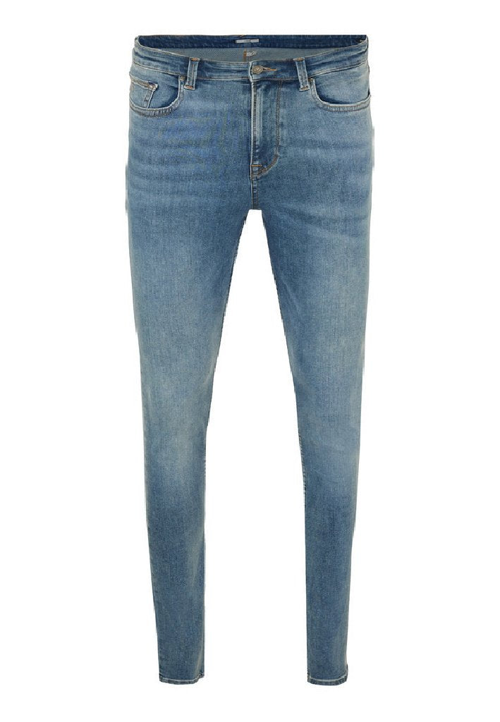 Helleblaue Skinny-Jeans aus Denim mit einem Fünf-Taschen-Design, Reißverschluss und einem verblassten Look. Mit Gürtelschlaufen und gestickten Details.