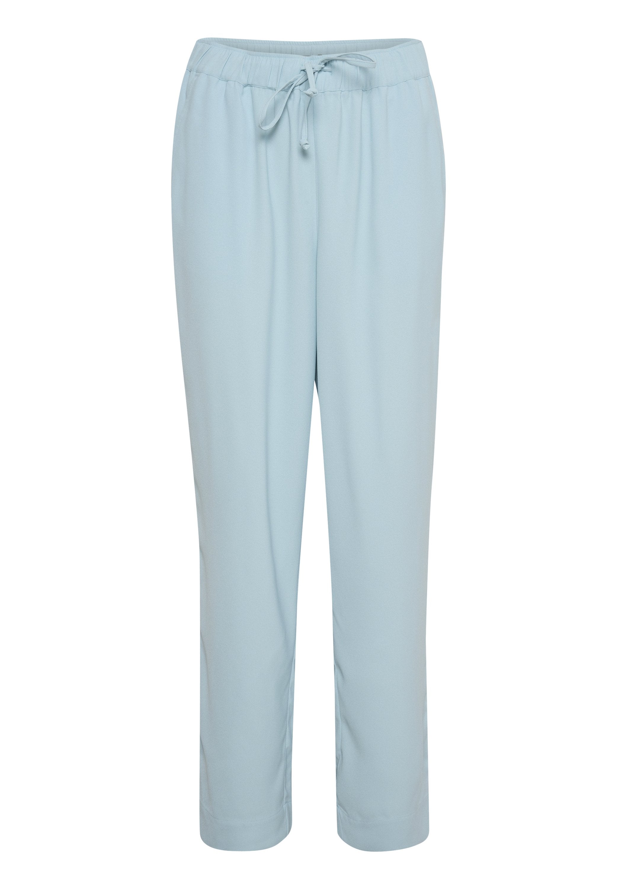 Helle blaue, weiche Stoffhosen mit elastischem Taillenbund und verstellbarem Kordelzug. Sie haben ein gerade geschnittenes Design und keine sichtbaren Muster.