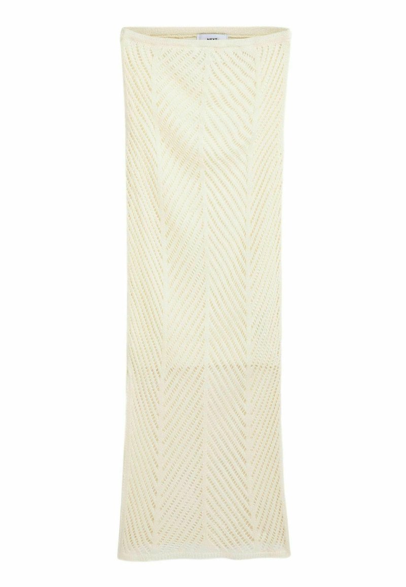 Strickschal in Creme mit einem strukturierten Rautenmuster, rechteckiger Form und leicht dehnbarem Stoff. Weiches, leichtes und atmungsaktives Design.
