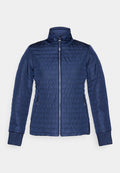 Marineblaue gesteppte Jacke mit durchgehendem Frontreißverschluss, hohem Kragen, seitlichen Reißverschlusstaschen und gerippten Bündchen an den Ärmeln.