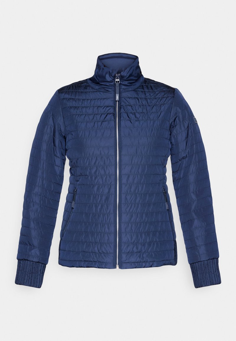 Marineblaue gesteppte Jacke mit durchgehendem Frontreißverschluss, hohem Kragen, seitlichen Reißverschlusstaschen und gerippten Bündchen an den Ärmeln.