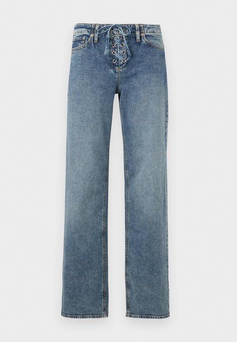 Blaue Jeans aus Denim mit geraden Beinen und vorderseitiger Schnürung mit Metallösen, präsentiert vor weißem Hintergrund.