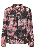 Blumenbluse aus transparentem schwarzem Stoff mit rosa und weißen Blumenmustern, langen Ärmeln, Kragen und Knopfleiste.