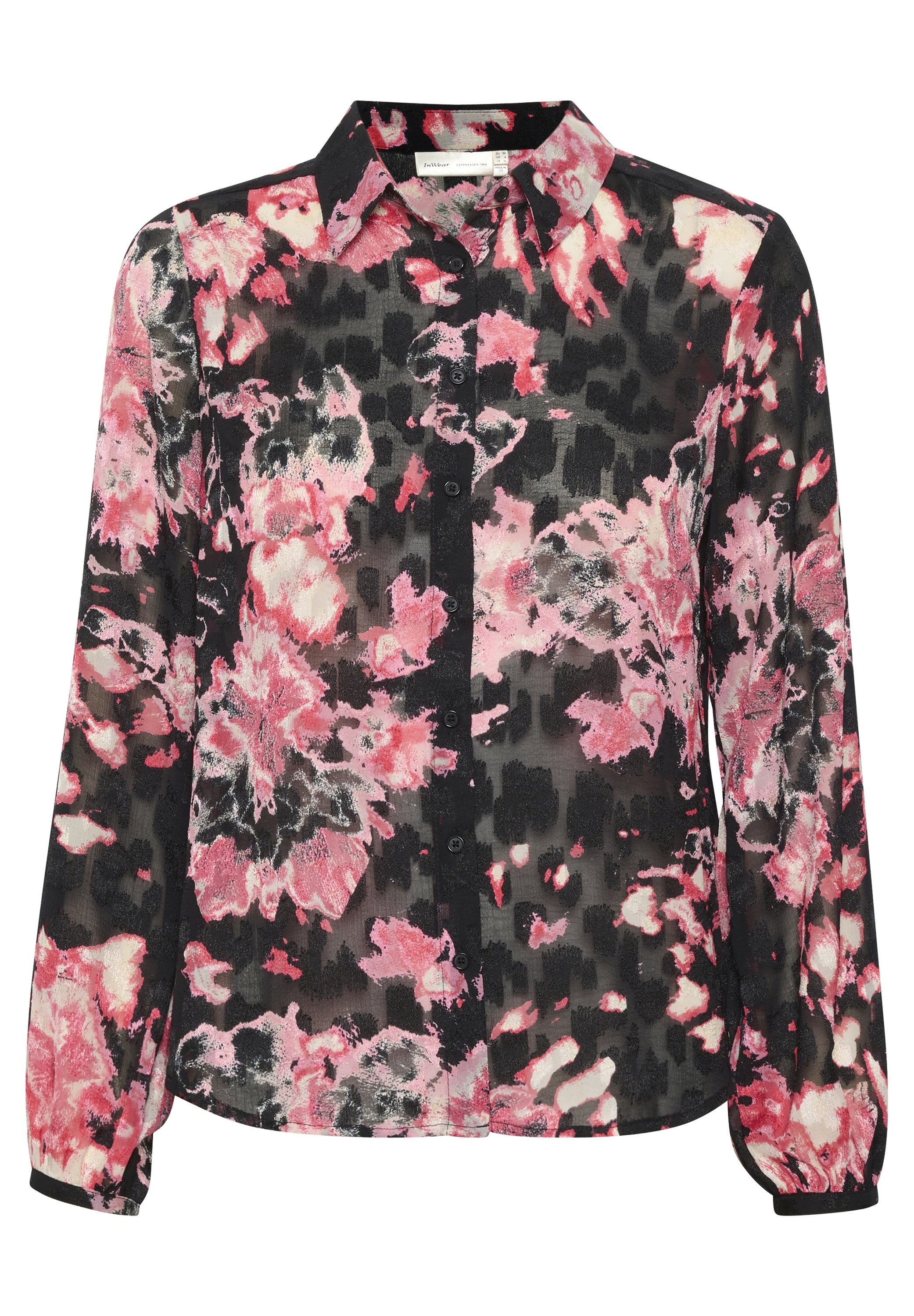 Blumenbluse aus transparentem schwarzem Stoff mit rosa und weißen Blumenmustern, langen Ärmeln, Kragen und Knopfleiste.