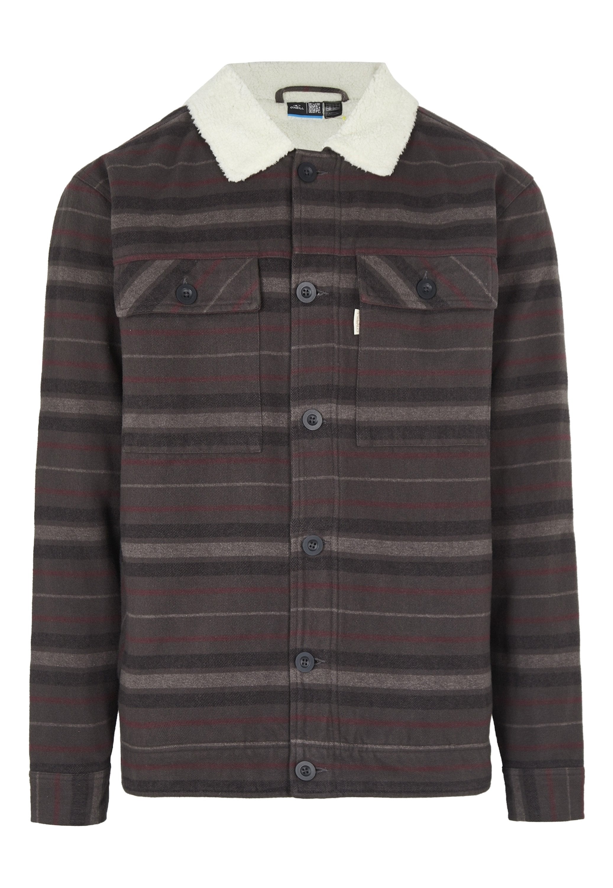 Gesteppte Jacke aus weichem Material, mit einem cremefarbenen Sherpa-Kragen, zwei Brusttaschen und Knopfverschlüssen in Dunkelgrau mit roten Streifen.