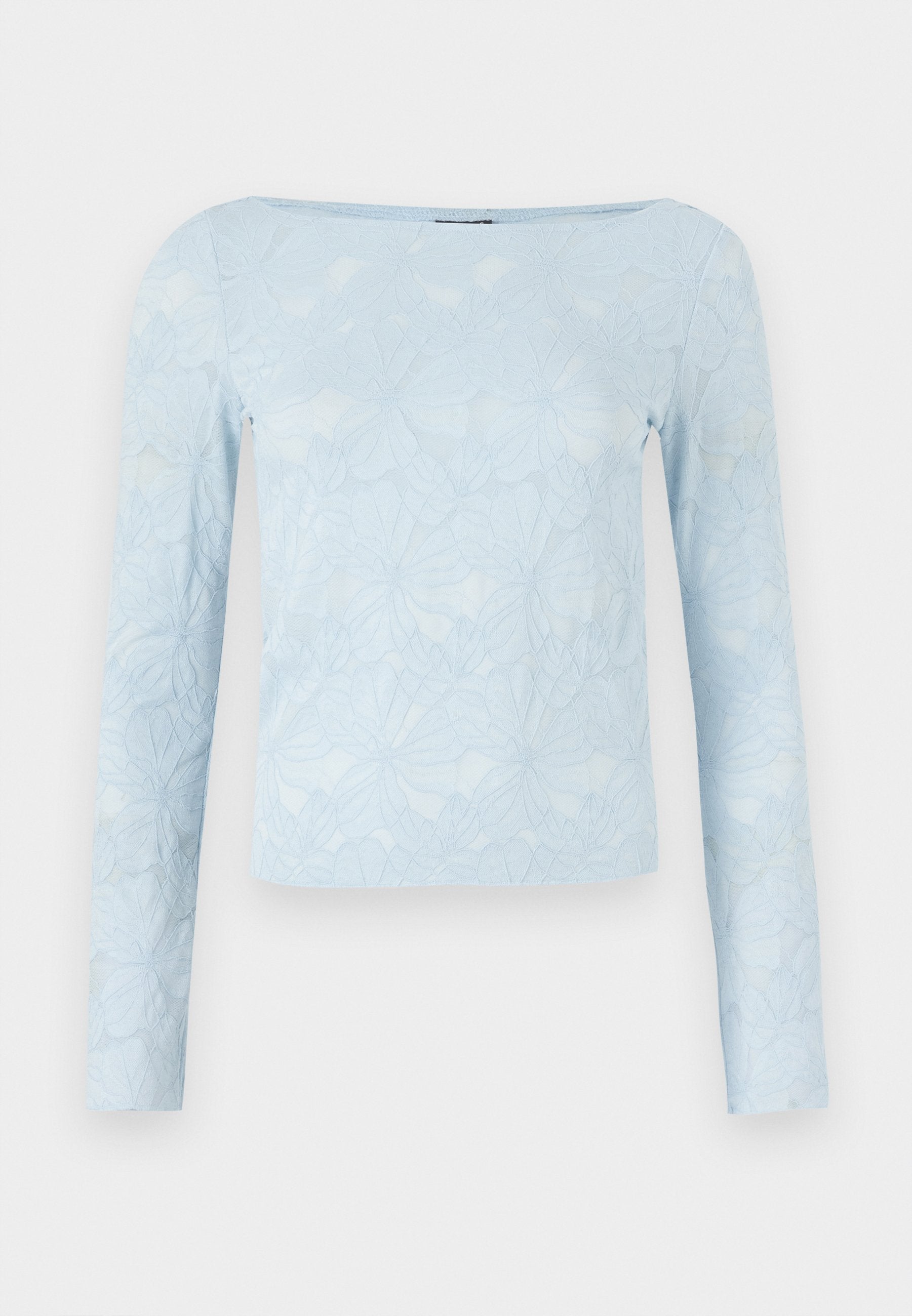 Hellblaues Langarmoberteil mit strukturiertem Blumenmuster, quadratischem Ausschnitt und tailliertem Schnitt. Hergestellt aus einem weichen, leichten Material.