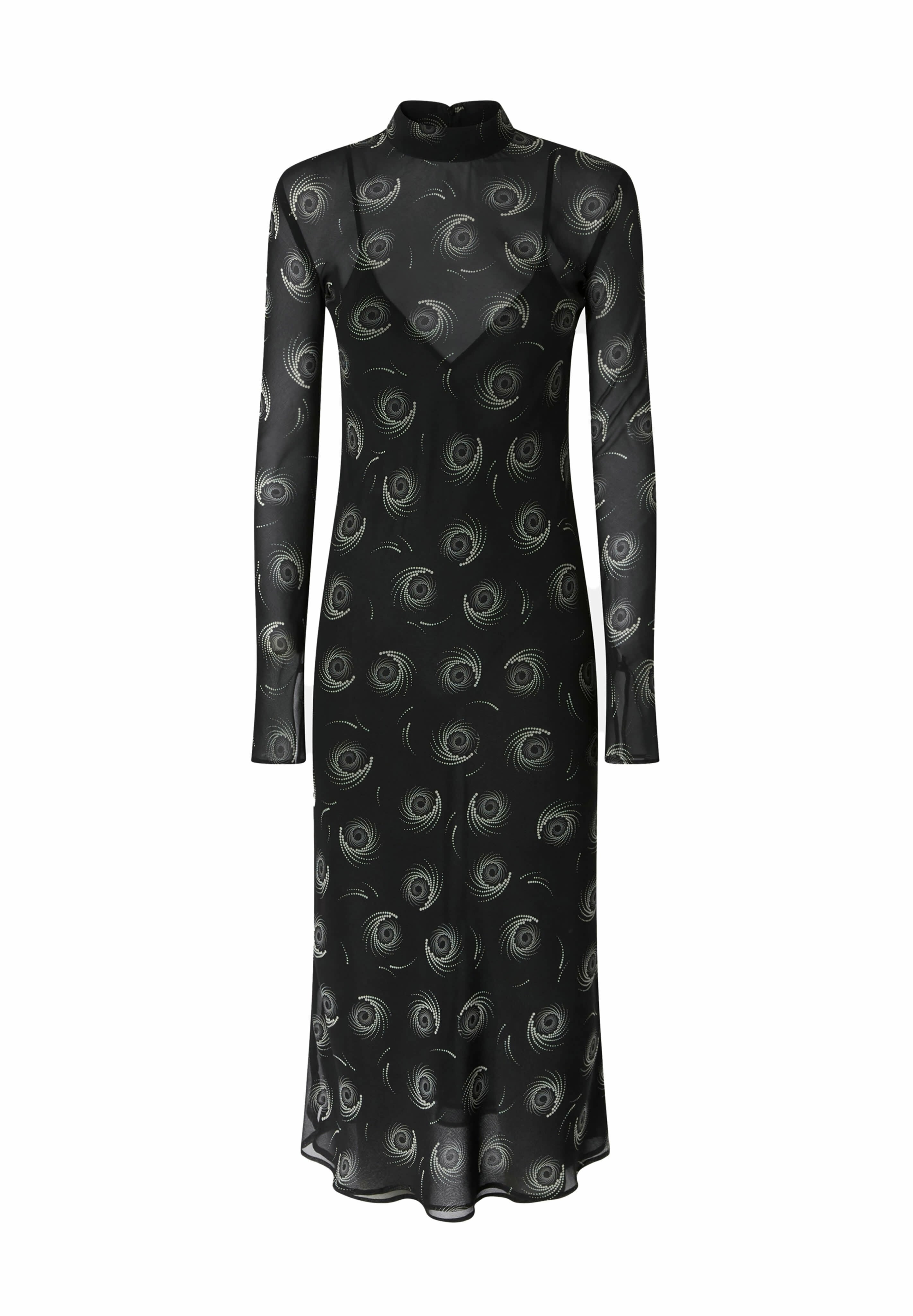 Schwarzes Langarmkleid aus transparentem Stoff mit spiralförmigen Mustern und metallischen Akzenten. Verfügt über einen hohen Kragen und eine fließende Silhouette.