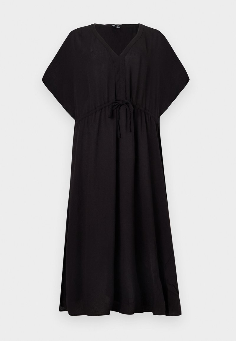 Schwarzes Midikleid mit V-Ausschnitt, lockeren kurzen Ärmeln und verstellbarem Taillengürtel, aus leichtem Stoff.