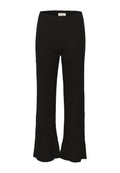 Schwarze gerippte Hosen mit einem ausgestellten Saum und einem hohen Bund. Die Textur wirkt weich und elastisch, ideal für die Freizeit.