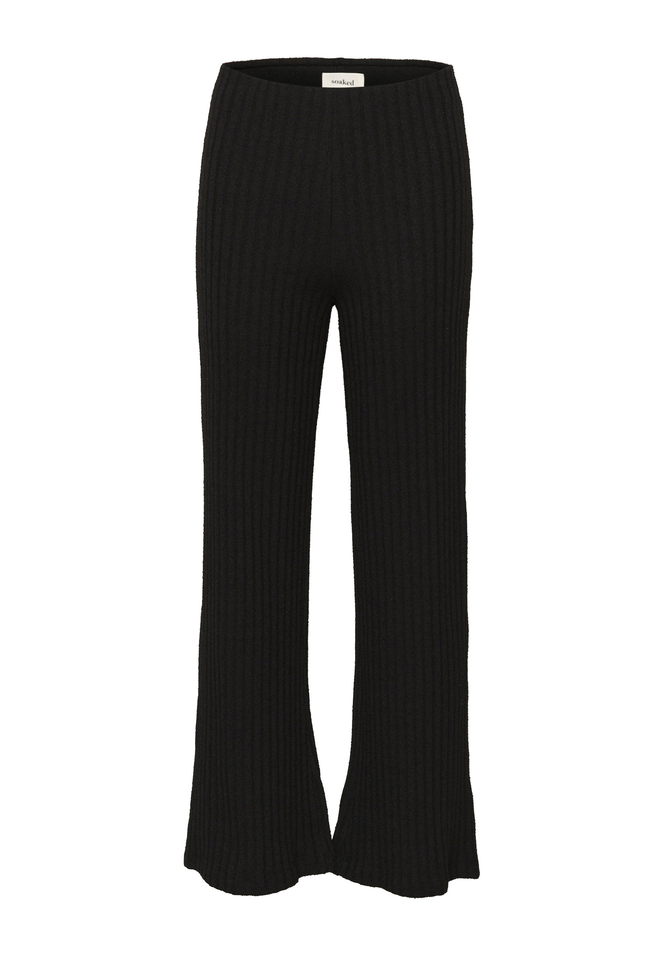 Schwarze gerippte Hosen mit einem ausgestellten Saum und einem hohen Bund. Die Textur wirkt weich und elastisch, ideal für die Freizeit.