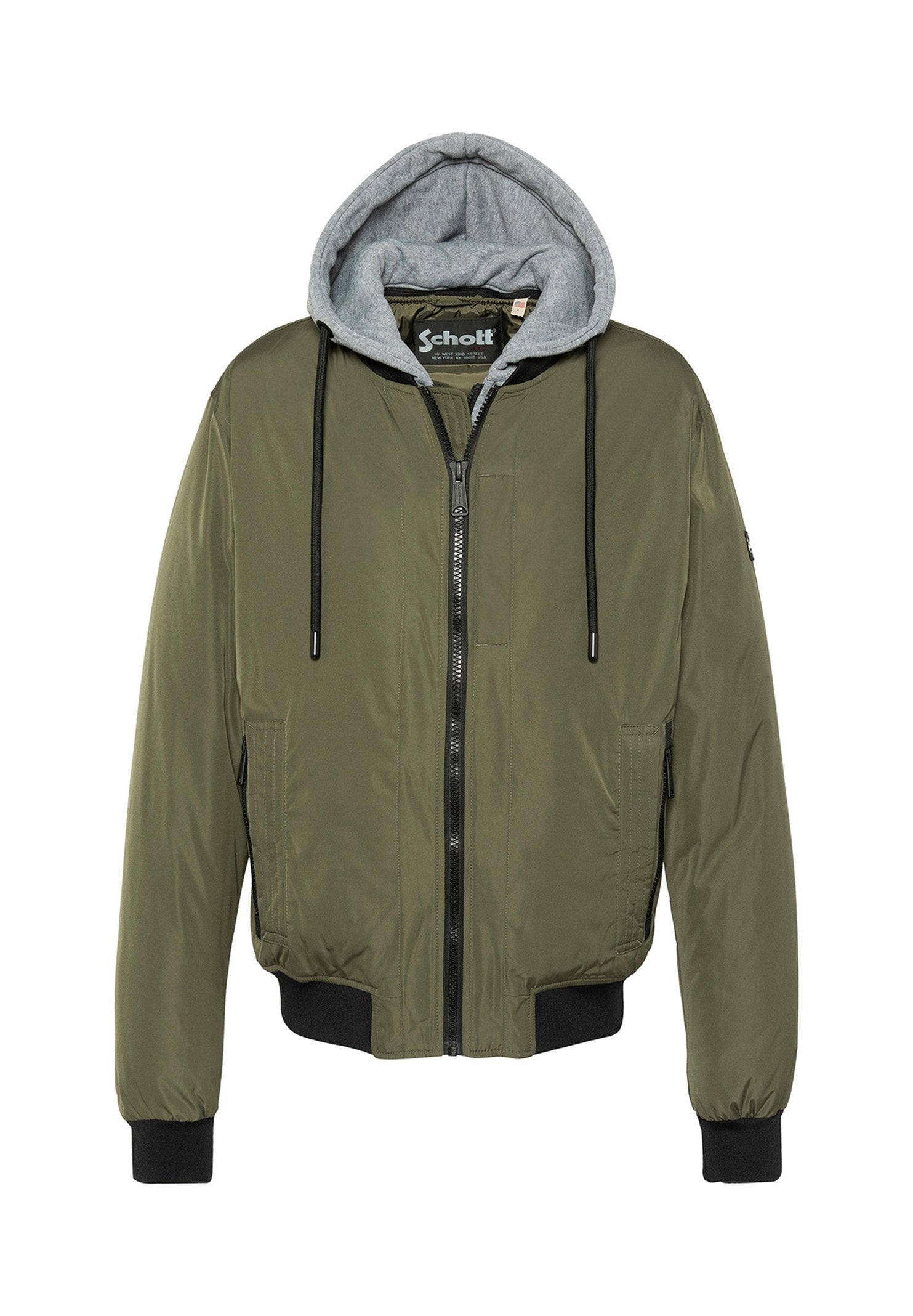 Olivgrüne Bomberjacke mit grauem Kapuzenfutter, gerippten Bündchen und Saum, Vorderreißverschluss und zwei Seitentaschen.