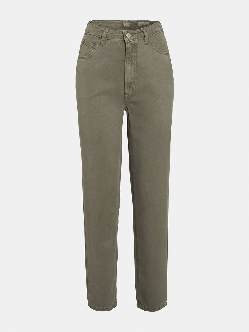 Helle olivgrüne High-Waist-Jeans mit geradem Bein, fünf Taschen und subtilen Nähten an den Saumdetails. Klassischer Knopfverschluss.