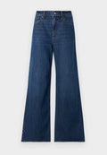 Dunkelblaue Jeans im weiten Schnitt, mit hoher Taille, Five-Pocket-Design und kontrastierenden Nähten. Saubere Säume ohne Verzierungen.