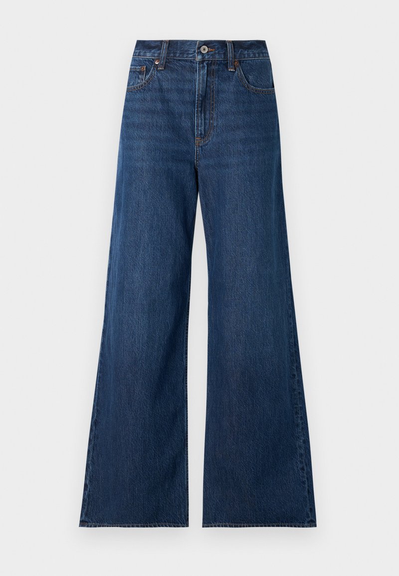 Dunkelblaue Jeans im weiten Schnitt, mit hoher Taille, Five-Pocket-Design und kontrastierenden Nähten. Saubere Säume ohne Verzierungen.