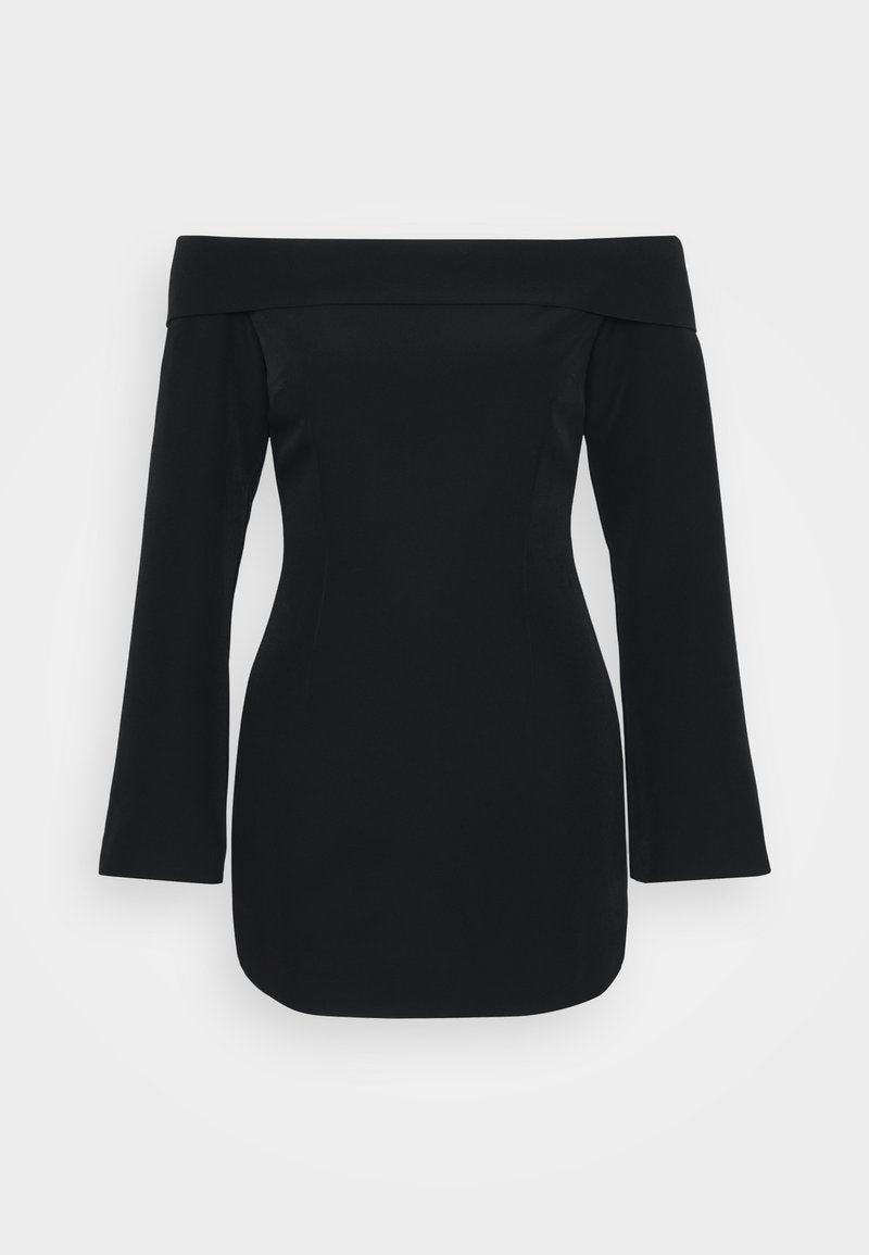 Schwarzes schulterfreies Kleid mit langen Ärmeln, strukturiertem Oberteil und figurbetonendem Schnitt. Hergestellt aus glattem Stoff ohne sichtbare Muster.