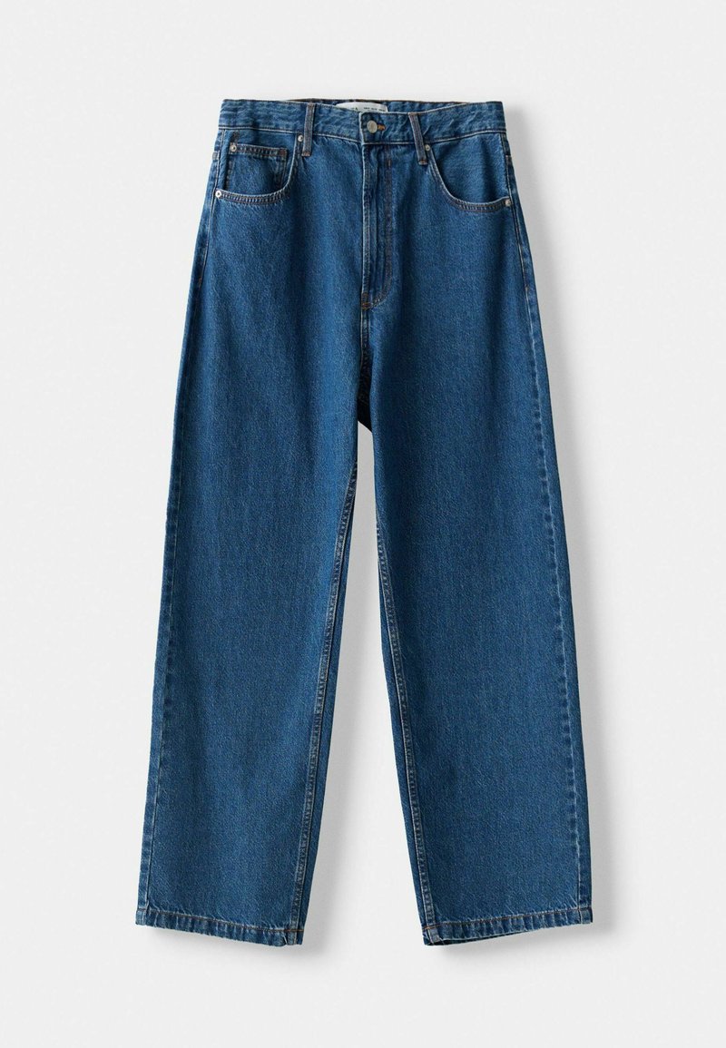 Blaue Denim-Hochbundjeans mit geradem Bein, ausgestattet mit einem Knopf- und Reißverschluss, fünf Taschen und Kontrastnähten.