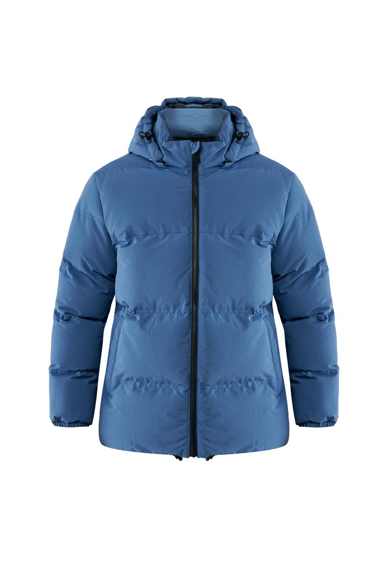 Blaue gepolsterte Winterjacke mit Kapuze, schwarzem Frontreißverschluss und Seitentaschen, entworfen zum Schutz vor Kälte.