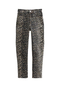Hochtaillierte Slim-Fit-Hose mit beiger und schwarzer Leopardenmuster, Knopfverschluss vorne, Reißverschluss und fünf Taschen.