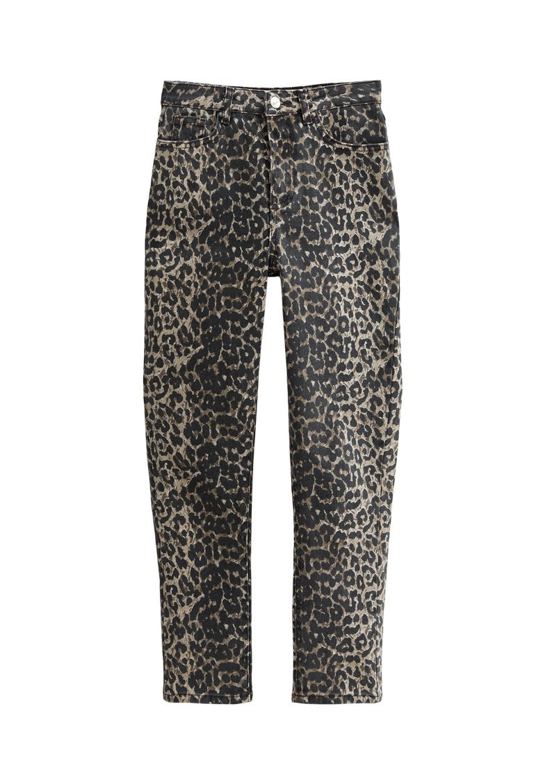 Hochtaillierte Slim-Fit-Hose mit beiger und schwarzer Leopardenmuster, Knopfverschluss vorne, Reißverschluss und fünf Taschen.