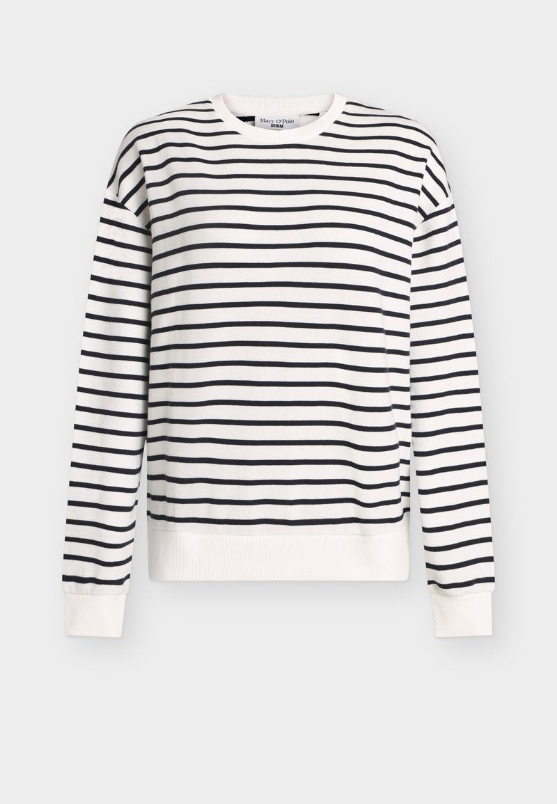 Weißes Sweatshirt mit marineblauen Streifen, langen Ärmeln, rundem Ausschnitt sowie gerippten Bündchen und Saum. Weicher Stoff, lockere Passform, minimalistisches Design.